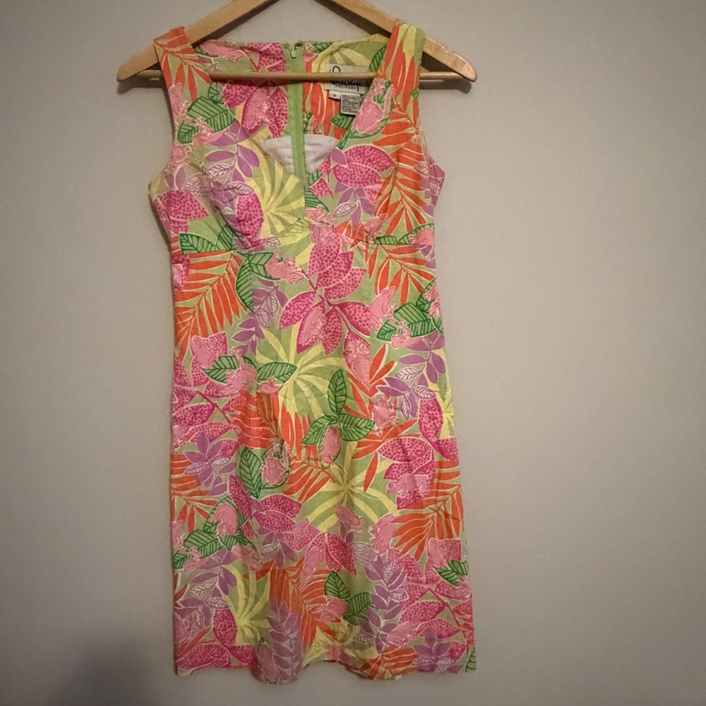 Lilly Pulitzer Pink Green Tropical Frog Palm Leaf Cotton Shift Dress Size 0